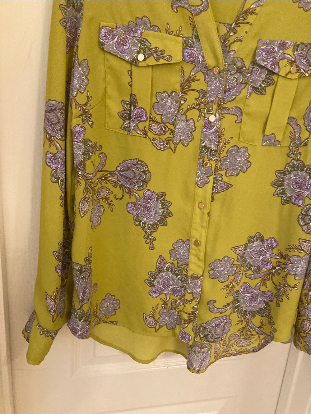 Chartreuse Floral Button-Front Blouse - Picture 5 of 11